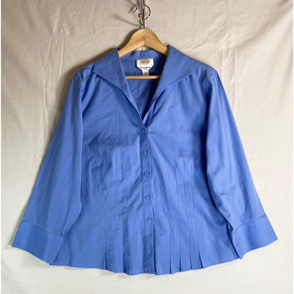 Talbots Blue Pleated Hem Button Down Blouse Sz 16 Stretch Classic Career